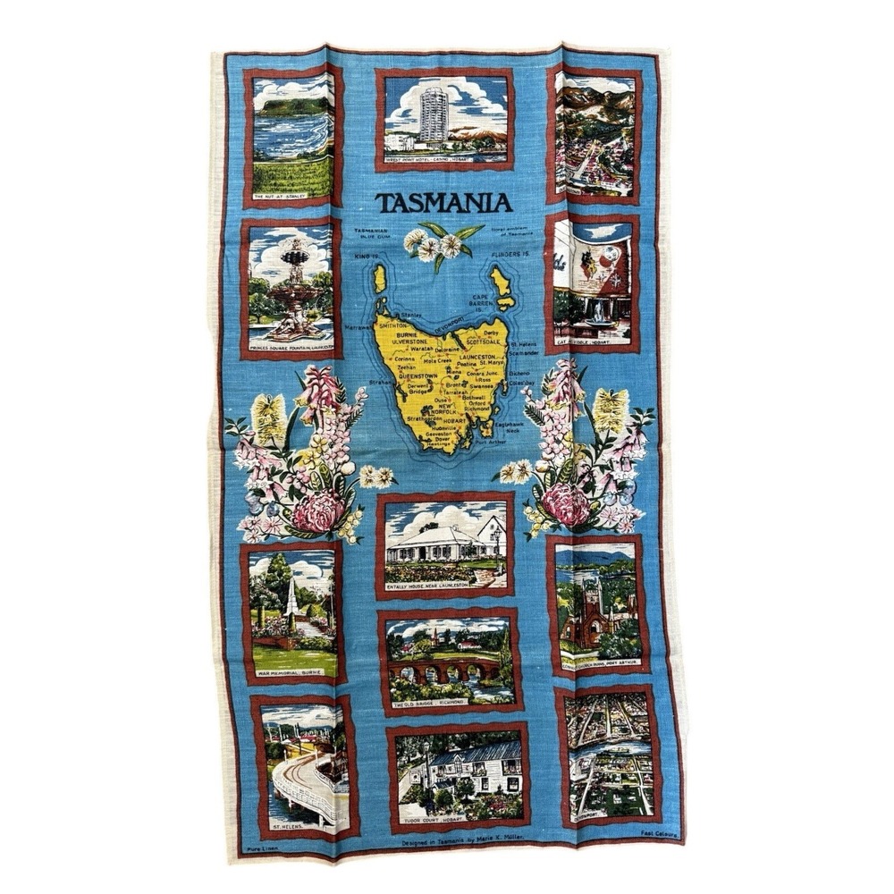 Marie K Muller Tasmania Tea Towel Unisex OS Blue Linen Map Souvenir Australiana